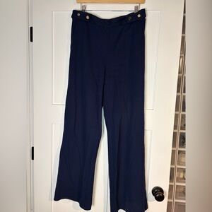 Chico's Deep Navy Wide-Leg Pants with gold hardware button detail